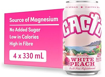 Cacto Drinks, Sparkling Cactus Water, White Peach & Prickly Pear Flavour – Natural Antioxidants & Electrolytes for Hydration & Recovery, Low Calorie Coconut Water Alternative, 4 x 330ml Cans