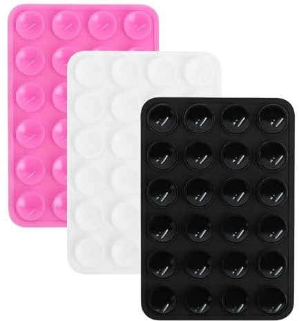 3PCS Silicone Suction Cup Phone Holder with Double Sided 24 Suction Grips | Anti-Slip Hands-Free Universal Phone Sticky Pad for Shower Car Gym Selfies Video Recording for Glass Tile (Black/White/Pink)
