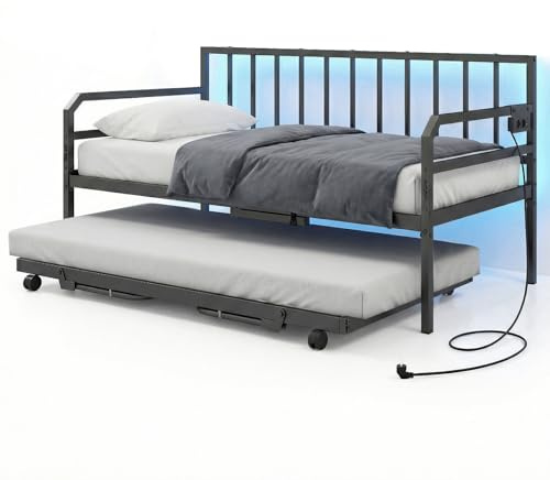 COSTWAY Överkast, 90 x 200, bäddsoffa med utdragbar säng, utdragbar säng med LED-lampor och laddningsstation och ribbotten av metall, ungdomssäng, utan madrass för sovrum, gästrum (svart)