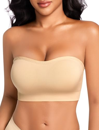 OOEU Strapless Bras for Women Non Wired Bandeau Bra Padded Wireless Seamless Strapless Bra Push Up Multiway Tube Top Bralette (UK, Alpha, S, Regular, Regular, Nude)