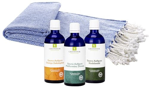 GREENDOOR Hamam Set Sauna-Aufguss Natur 3 x 100ml & Hamam Saunatuch blau, Bio Alkohol & reine natürliche ätherische Öle, Saunatuch Baumwolle 175x90cm, Saunaduft, Sauna Aufguss Geschenke