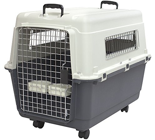SportPet Airline Compliant LARGE 31.5 Travel Dog Kennel-Durable Plastic Airline Pet Carrier w/ Removable Wheels & Food Bowls, Collapsible Indoor/Outdoor Dog Kennel, Dogs up to 28L & 20H-Cream/Gray
