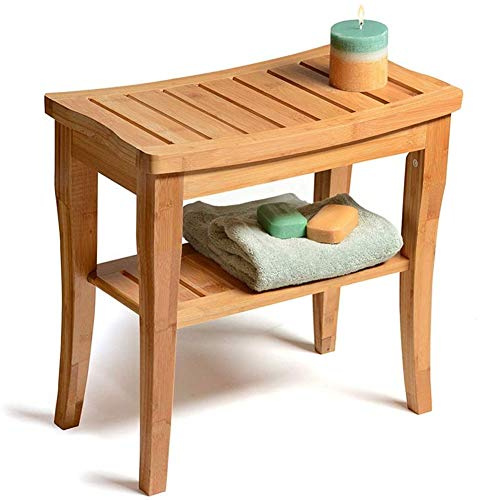 BAKAJI Sgabello da Bagno in bambu con Panca Ripiano Portaoggetti Panchina Casa Colore bamboo Naturale Dimensione 47,5 x 26 x 44,5 cm (Rettangolare)