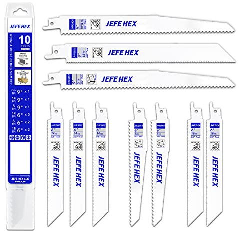 JEFE HEX 10-Piece Reciprocating Saw Blades Set, 6 to 9 Inch Bi-Metal Cobalt Saw Blades Kit, Heavy Duty Metal Cutting, Wood Pruning and Multi-Purpose