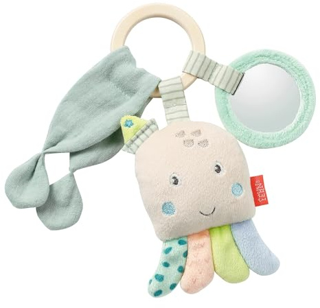 Fehn 054422 Polpo da afferrare in legno, giocattolo per bambini con anello in legno, telo di mussolina, sonaglio e specchio, per neonati e bambini da 0+ mesi, dimensioni 18 cm