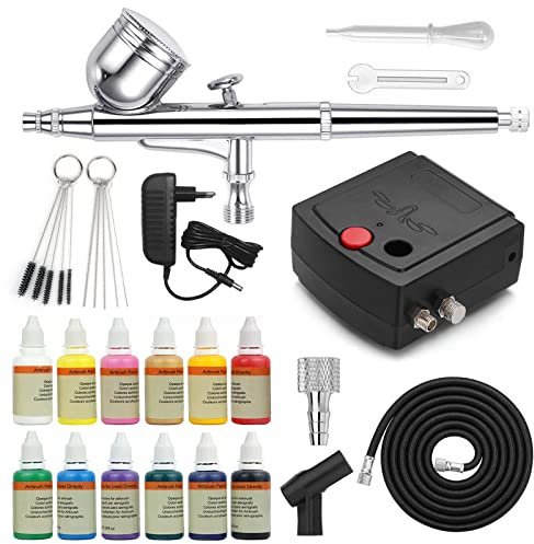 Awsuc Profi Airbrush Kompressor Set mit Acrylfarben Airbrush Farben,12x10ml, Lackierpistole für Werbeillustrationen, Bodypainting, Modellbau, Nail Design, Kuchen, Kosmetik