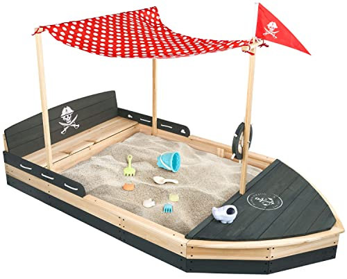 Piratenschiff Sandkasten aus Holz | Boot | Segelschiff | Sandkiste | Sandbox mit rotem Sonnensegel & Flagge, Abdeckung, Vlies Bodenplane, Kordel, Flaggenmast & Steuerrad für Kinder Anthrazit/Grau