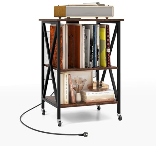 COSTWAY Supporto per Giradischi, Supporto per Giradischi in Vinile con Presa di Corrente e Porta USB, Ruote Bloccabili, 3 Livelli, per Soggiorno, Camera da Letto, 52 x 45 x 75 cm (Marrone)