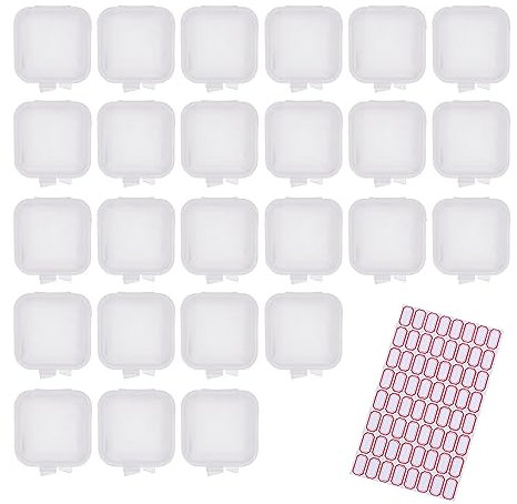 Paquete de 25 cajas de almacenamiento de plástico pequeñas con 1 etiqueta adhesiva, caja de almacenamiento con tapa abatible transparente, caja de almacenamiento portátil para pastillas, cuentas