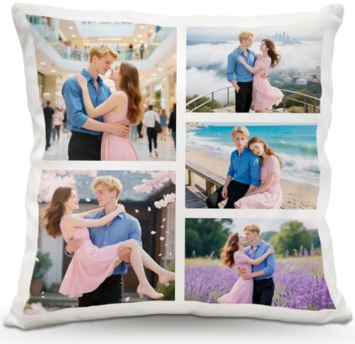 Wucidici Personalised Cushions with Photo, Custom Text pillowcase Cover with Picture, Customised Names Cushion Case, Home Decor Housewarming Gifts for Family Friends Couple Birthday (5 Photos)