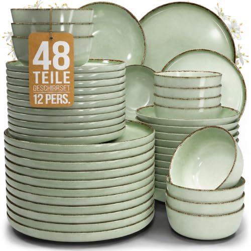 Steingut Geschirrset 12 Personen Rustic 48 tlg. TESTSIEGER, Hochwertiges Landhaussttil Steingut Geschirr Set, Schüssel- und Teller Set, Tafelservice 12 Personen, Geschirrsets Pure Living in Mintgrün