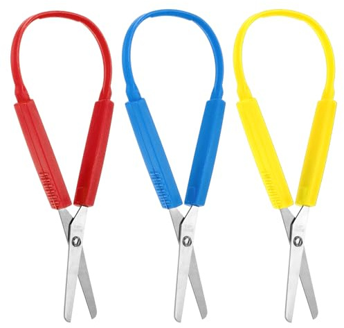Loop Scissors 3Pcs Adaptive Design Scissor 14cm Colorful Handle Self-Opening Safety Scissors for Kids Children Schools Special Need(Red,Blue,Yellow)