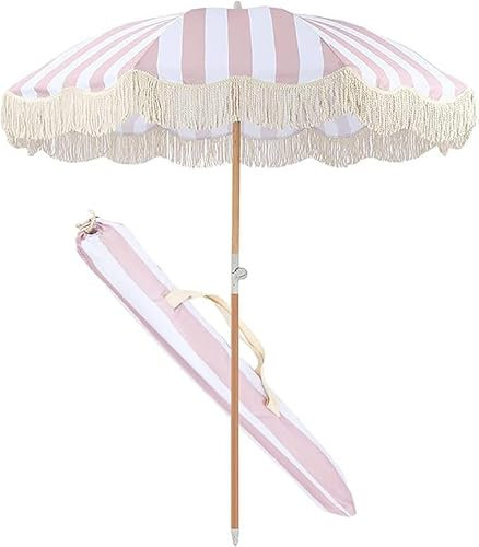 2m Parasol De Jardin À Franges De Parasol De Plage De Luxe Rétro De Rose Blanc Rayé, Surface De Parapluie En Polyester, Écran Solaire Résistant À L'usure, Ombrage Romantique Piscine Cour Bord De Mer