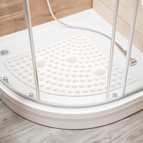 Tatkraft Shell hörnduschmatta, 58 x 58 cm, tillverkad i Italien, mögelsäker, halkfri halkskydd duschmatta av PVC, ofta perfekt för äldre och barn, maskintvättbar, vit