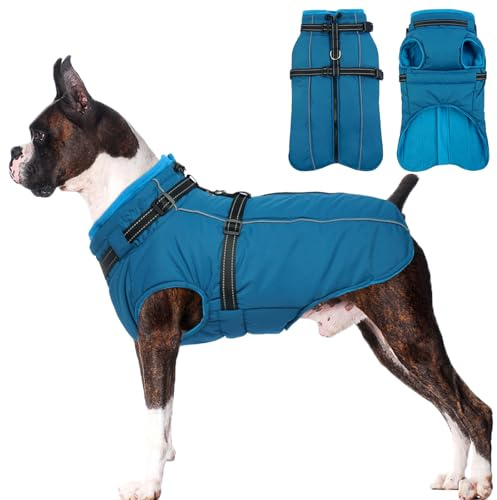 Lelepet Waterproof Dog Jacket with Harness Built in Warm Dog Winter Coat, Windproof Reflective Fleece Jacket, Dogs Coats for Medium Dogs,Thermal Pet Snowsuit for Cold Weather, Schnauzer, Pug, Blue M