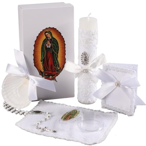 Baptism Candle Set for Boys and Girls,5 PCS Baptism Kit Virgen De Guadalupe Catholic Candle,Baptism Towel,Baptismal Shell,Rosary,Bible for Baptismal Christening Gift,Velas para Bautizo De Niño o Niña