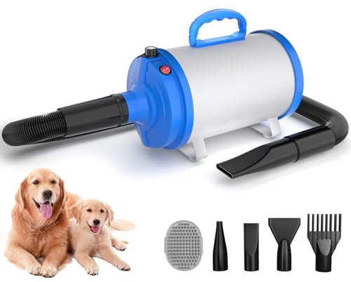 Blanlody Soffiatore per Cani Blower Molto Silenzioso, 4,5 CV/3200 W, Velocità Regolabile, Ventilatore per la Cura del Cane con 4 Diversi Ugelli, Tubo Elastico e Spazzola per la Cura
