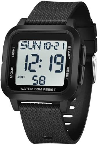 findtime Digitaluhr Herren Große Ziffern Armbanduhr Herren Damen Digital LED Sportuhr Eckig 5ATM Wasserdicht 12/24H Zwei Zeitzonen Outdoor Countdown Uhr Sport Armbanduhren Jungen Military Watch