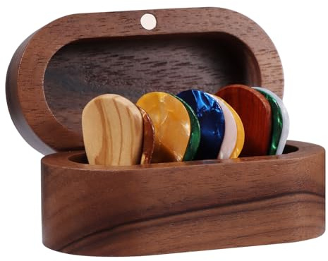 Walnut Guitar Plectrum Holder Set with 2 Color Wood Plectrums and 8 Celluloid Plectrums (4 Thicknesses),Mini Jewelry Box,Brown Wooden Trinkets,Box Size 3.35 * 1.77 * 1.57 inch (brown)