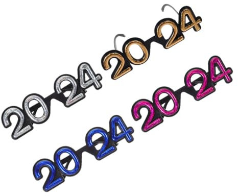 TINEASUR 4 Paar Silvesterparty Brillen Kunststoff 3D Laser Zahlen Sonnenbrillen für Fotobox Neujahrsdeko in Gold Silber Blau Rosa