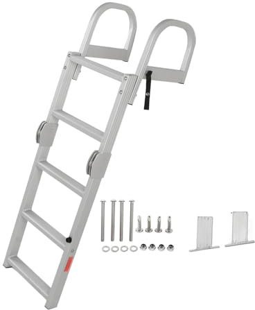 Grcfumo 5 Step Boat Folding Ladder, Aluminium Boat Boarding Ladders, Marine Pontoon Ladder with Wide Steps for Yachts Ships Swimming Pools