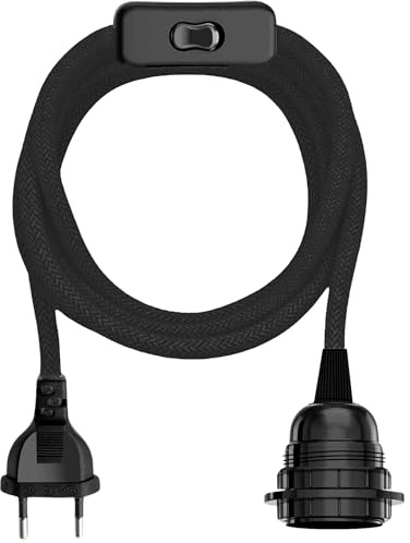 TECHZOCO Portalámpara E27 con Interruptor, Adaptador de lámpara, Base para Bombilla E27, Enchufe + Interruptor ON/Off, Cable 1.80 Metros, Casquillo e27, Diseño Vintage, máx. 60W, Trenzado, Negro