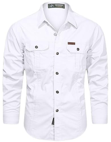 PADOLA Hemd Herren Baumwolle Hemden Langarm Slim Fit Cowboyhemd Stehkragen Westernhemd Taktisches Hemd Outdoor Arbeitshemd Safarihemd Einfarbige Freizeithemden (4 Weiß, XL)