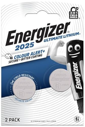 Energizer Ultimate Lithium - CR 2025 Pile Bouton (Lot de 2) - Piles 3V - La 1ére pile bouton sécurité 3 en 1 Child Shield - technologie d'alerte couleur - Conservation 10 ans