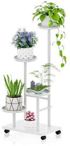 futrue-wolker Metall Blumenständer mit drehbaren Rädern,4 Etagen Pflanzenständer Blumenregal Indoor für Wohnzimmer Wohnungen Schlafzimmer Balkon(Weiß)