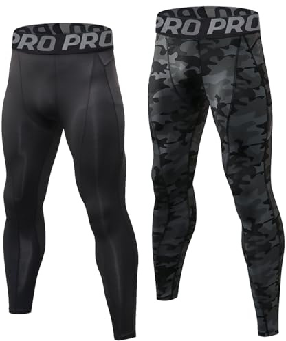 LNFINTDO 2-pack löparleggings för män, sport, kompressionstights coolt torrt baslager för träning, atletisk träning, cykling, gym, Blk Line+camoblk, M