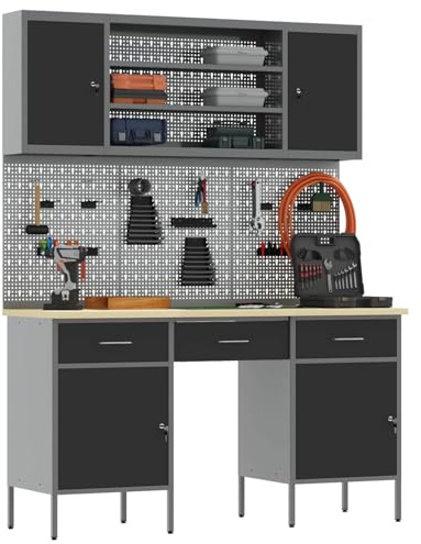 vidaXL 7-TLG. Werkbank-Set Schwarz Stahl
