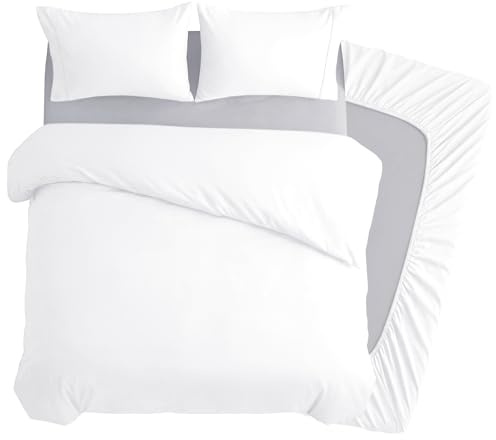 Deconovo 4 Piece Double Duvet Set, Brushed Microfibre Double Duvet Cover Set with 35cm Deep Fitted Sheet and 2 Pillowcases, Soft Bed Sheets for Double Bed - White