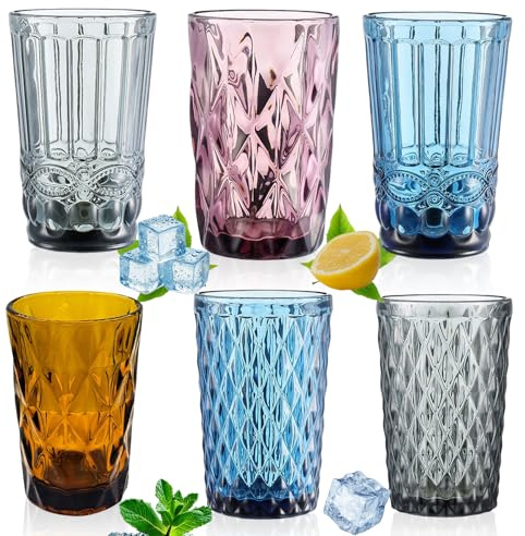 Cioquli Trinkgläser 6er Set Bunt, 330ml Vintage Wassergläser mit Geprägtem Design, Trinkgläser Set Bunte aus Glas for Familienessen Esszimmer, Bar, Spülmaschinenfest