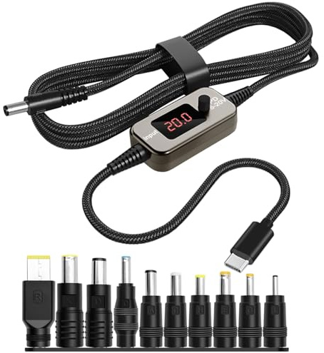 Dexumodbk 1m Type-C/PD to DC 5.5x2.1mm Adapter Power Charging Cable 100W [5V/9V/12V/15V/20V Adjustable Voltage],with LED Display and 10 DC Plug Connectors,PD Trigger Cord for Laptop,Camera,Printer