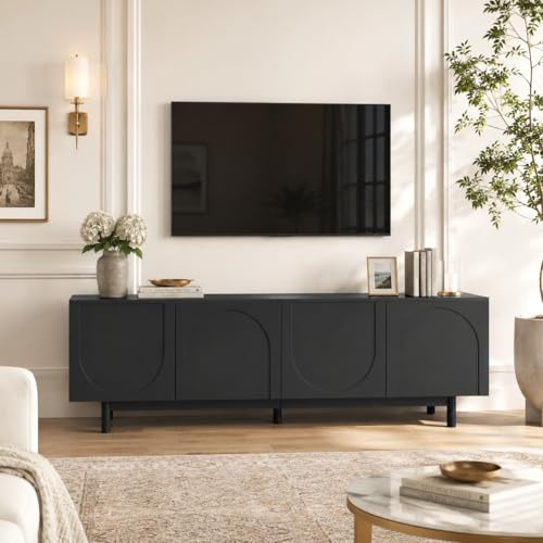 OLIVIBED TV-möbler 175 x 38 x 56 cm, TV-skåp med justerbara inläggsplattor, lätt lågbräda med strukturerade dörrar, massiva träben, för vardagsrum sovrum, svart