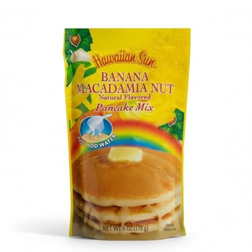 Hawaiian Sun Banana Macadamia Nut Pancake Mix, Sweet Island Pancake Pan Breakfast Food, Easy to Make Fluffy Pancakes Mix with Tropical Banana Fruit & Crunchy Macadamia Flavor, Just Add Water, 6 oz
