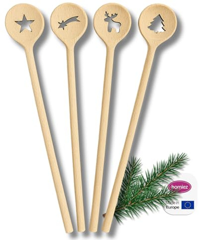 homiez Holzlöffel Set 4-teilig – Buchenholz Kochlöffel 30cm – X-MAS Edition mit Stern, Elch, Tanne & Komet – Küchenutensilien Holz Weihnachten Geschenkidee BPA frei
