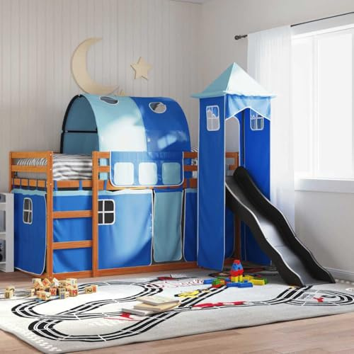 Holamys Etagenbett mit Rutsche, Blau, 90x200 cm, Massivholz Kiefer, Kinderbett mit Vorhängen, Spielbett für Kinderzimmer