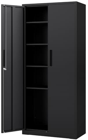 Aktenschrank, Mehrzweckschrank abschließbar mit 4 verstellbaren Ablagen & 2 Türen, Metallschrank aus kaltgewalztem Stahl, Werkzeugschrank, Stahlschrank für Büro & Werkstatt, Schwarz (80 x 40 x 180 cm)