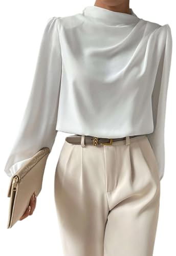 Long Sleeve Satin Blouse for Women UK Elegant Cowl Neck Puff Shoulder Top with Drape Front Smooth Formal Shirt for Office Wear Evening Occasions or Special Events XL White