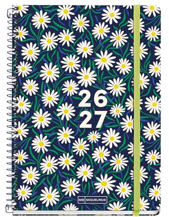 Miquelrius Marguerites Agenda scolaire 2026/2027 1 jour par page A5+ | 10 mois, 15,5 x 21,5 cm, carton doublé, spirale métallique, poche intérieure, autocollants, règle marque-page, espagnol-EN