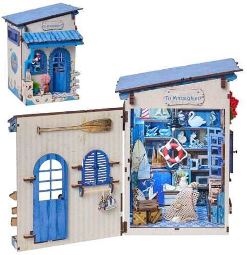 Kit de casa de muñecas en miniatura para rincón de libros, tema de tienda de isla griega, rompecabezas 3D de madera con luces LED, manualidades para adultos