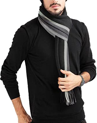 MAKFORT Men's Scarf Black Grey Striped Autumn Winter Thick Cashmere Men's Scarf, Tassel 180 * 30 cm