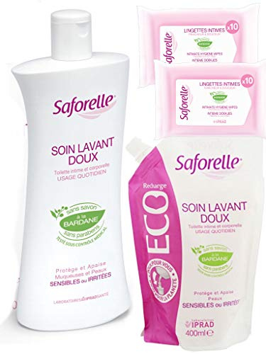 Soin Lavant Doux Saforelle - Hygiène intime et corporelle : Protège et Apaise les peaux sensibles ou irritées - Flacon de 500ml + ECOrecharge 400ml + 2 Paquets lingettes