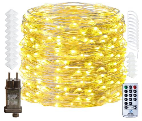 RcStarry 30M LED Lichterkette Draht aus Silberdraht, 300 LEDs Wasserdicht IP65 Weihnachten LED Lichterkette mit Stecker, Fernbedienung, Timer, 8-Modi, Speicher für Außen, Innen Deko. Warmweiß