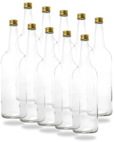 BAUER 10 leere 1 Liter Glasflaschen 1000ml mit Schraubverschluss Gold PP28 - Glastrinkflasche 1l ideal als Wasserflasche Glas 1l, Schnapsflaschen 1l, Likörflaschen 1l oder leere Weinflaschen 100 cl