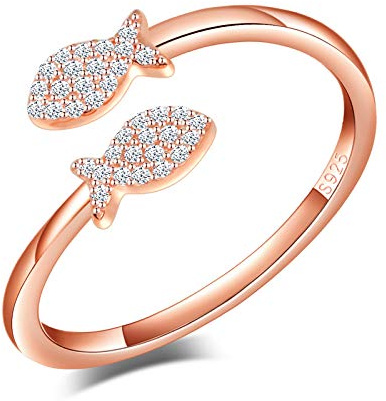 Yumilok 925 Silber Ring, Verstellbar, Damen Mädchen, Offener Verlobungsring, kleiner Fischring, Hochzeitsring, verstellbare Größe, eingelegter Zirkonia, für Weihnachten und Geburtstag, Silber, Cubic