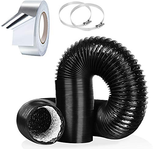 4Inch 5FT Flexible Aluminum Ducting, Black Air Duct Pipe for 100mm Standard Tumble Dryer Vent, Extractor Fan, Grow Tent, 2 Hose Clamps and 1 Aluminum Foil Tape Included