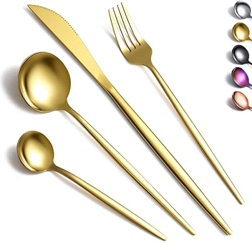 Kyraton Gold Cutlery Set 16 Pieces, Stainless Steel Flatware Set, Titanium Plating Gold Silverware Set Strong Anti Rust, Dishwasher Safe, Tableware Set Serving 4 People.