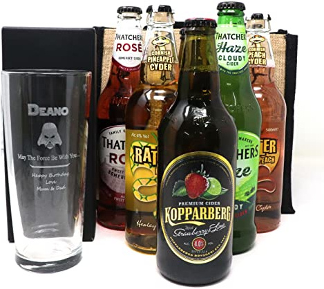 Personalised Engraved Pint Glass & 6 Bottles of Cider Gift Set in Gift Bag - Star Wars Darth Vader Design